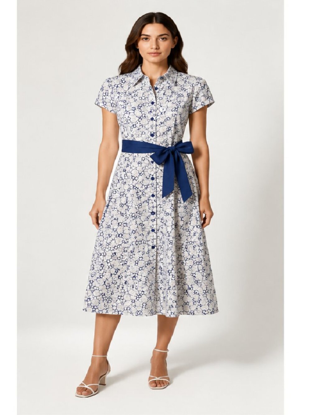 Chaudry KC Midi Dress – Blue & White Floral Shirt Dress with Waist Tie